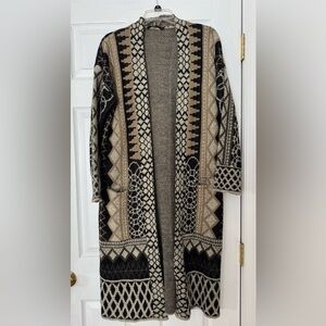 Maxsport Woman’s  Cardigan Sweater Coat Size Large Tan Geometric Open Front Boho